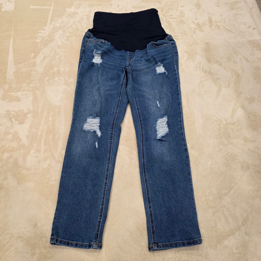 Time and Tru Maternity Boyfriend Jeans Size S 4-6 Blue Distressed Full Panel